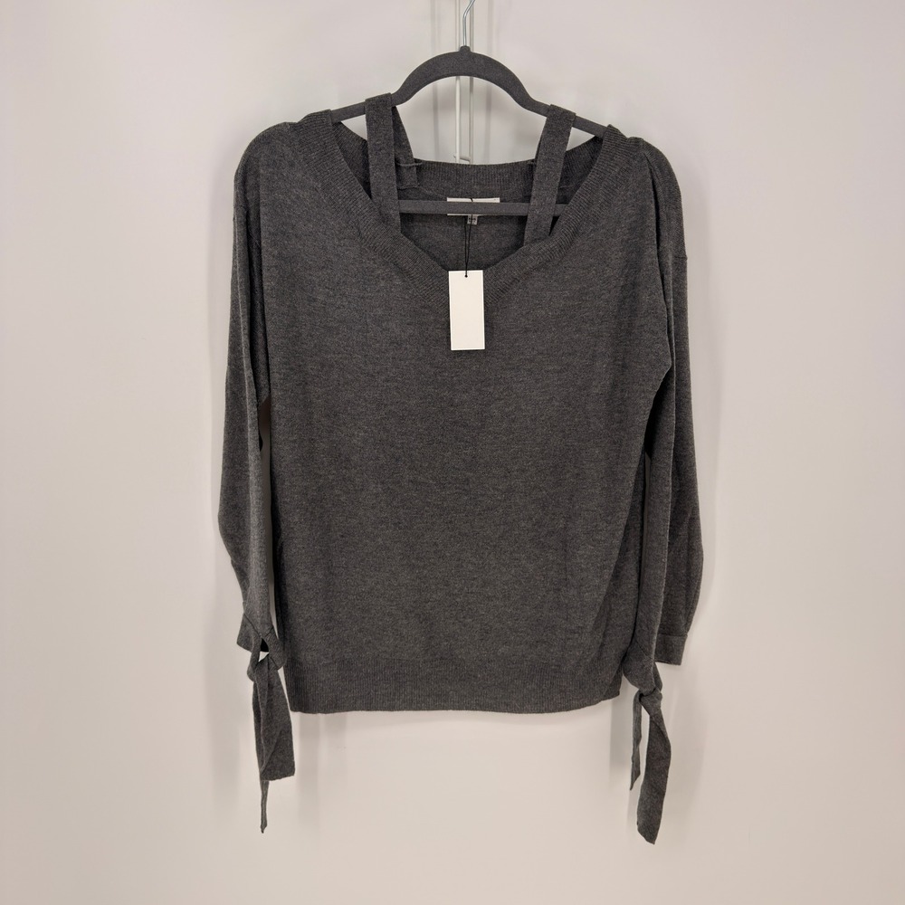 Sugar + Lips Sweater Womens XS/S Gray Strappy V-Neck Tie Cuff  Edgy Chic Layered